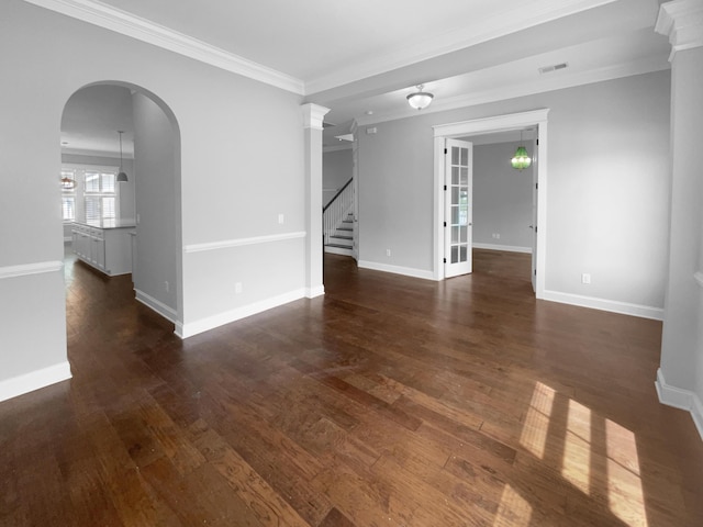 3700 Maidstone Dr, Mount Pleasant, SC 29466 - unfurnished room featuring dark wood-style flooring, ornamental molding, baseboards, and stairway