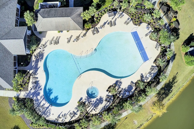 birds eye view of property featuring a water view