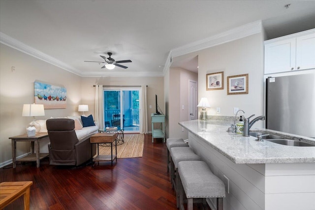 interior space with crown molding, ceiling fan, dark hardwood / wood-style floors, and sink