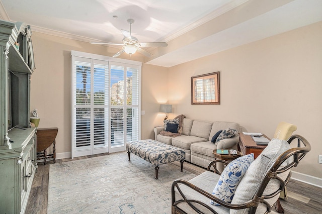145 Pier View St Unit 111, Charleston, SC 29492 - living room with wood finished floors, crown molding, and ceiling fan