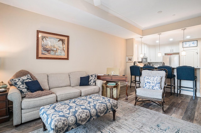 145 Pier View St Unit 111, Charleston, SC 29492 - living area featuring dark wood-style flooring, crown molding, and recessed lighting