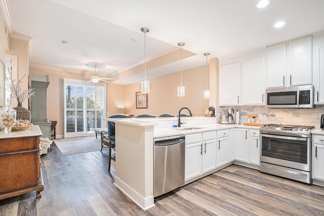 145 Pier View St Unit 111, Charleston, SC 29492 - kitchen with appliances with stainless steel finishes, open floor plan, light wood-style floors, a peninsula, and ornamental molding
