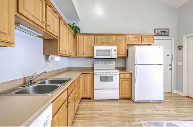 5347 Sundial Ct, North Charleston, SC 29418 - kitchen featuring white appliances, a sink, light wood finished floors, light countertops, and lofted ceiling