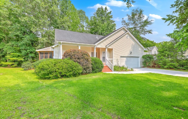 5347 Sundial Ct, North Charleston, SC 29418 - ranch-style house featuring driveway, an attached garage, a front lawn, a porch, and a sunroom