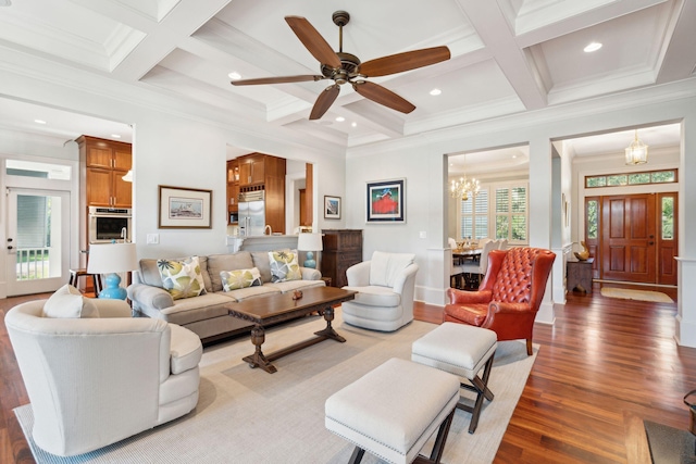 living area with light wood finished floors, coffered ceiling, and beam ceiling