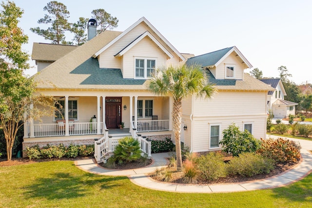 view of front of house featuring a shingled roof, a front lawn, and a porch