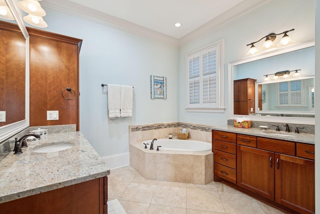 full bathroom with a bath, ornamental molding, two vanities, and a sink