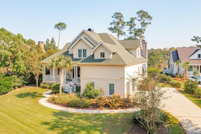 view of front of home featuring a porch, a chimney, and a front yard