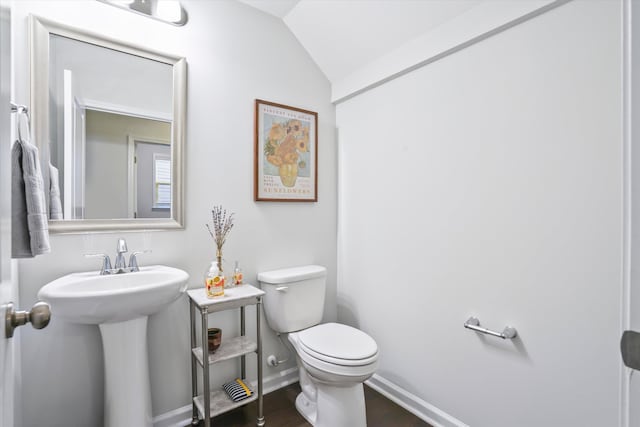 2324 Town Woods Rd, Charleston, SC 29414 - bathroom with toilet, baseboards, lofted ceiling, wood finished floors, and a sink