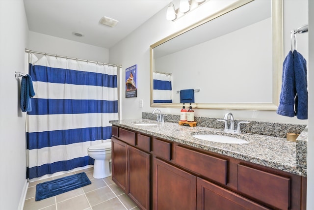 2324 Town Woods Rd, Charleston, SC 29414 - full bath with double vanity, tile patterned flooring, toilet, and a shower with curtain