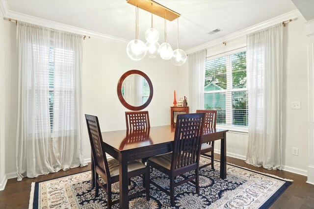2324 Town Woods Rd, Charleston, SC 29414 - dining space with ornamental molding, dark wood-style flooring, a chandelier, and baseboards