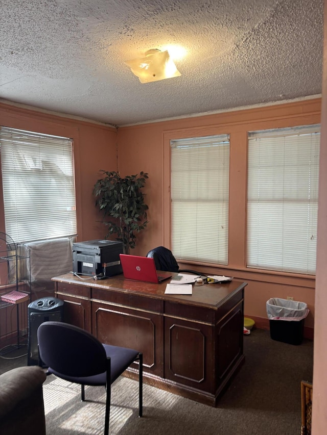 home office featuring carpet and a textured ceiling