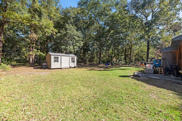 view of yard featuring a storage unit