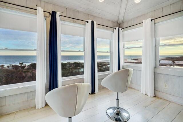 living area with a water view, a wealth of natural light, and light hardwood / wood-style floors