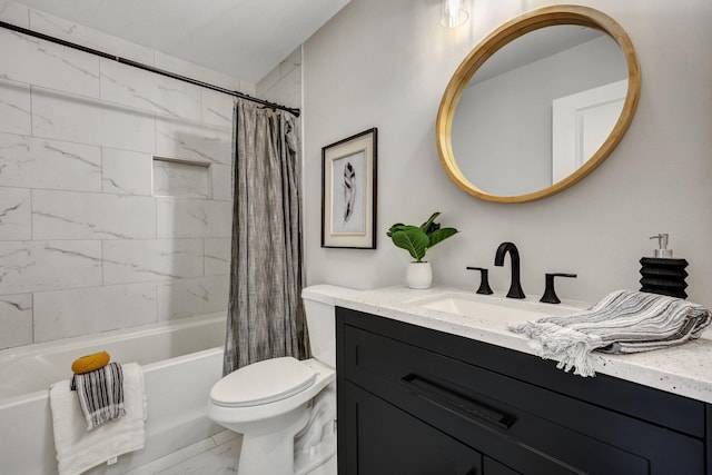 full bath with vanity, shower / bath combo with shower curtain, toilet, and marble finish floor