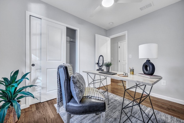 home office featuring ceiling fan, dark wood-style floors, visible vents, and baseboards