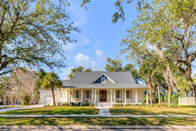 view of front facade featuring driveway, an attached garage, fence, a front lawn, and a porch