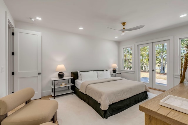 bedroom with ceiling fan, access to outside, french doors, and recessed lighting