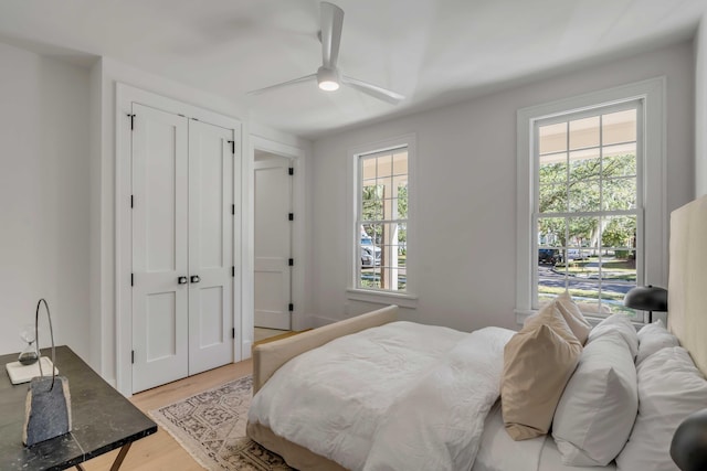 bedroom with ceiling fan, light wood finished floors, and multiple windows