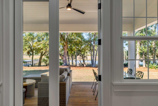 entryway with a ceiling fan, plenty of natural light, and hardwood / wood-style flooring