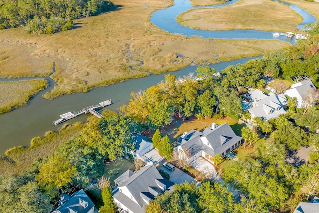 birds eye view of property with a water view and a residential view