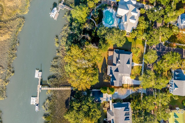 birds eye view of property featuring a water view