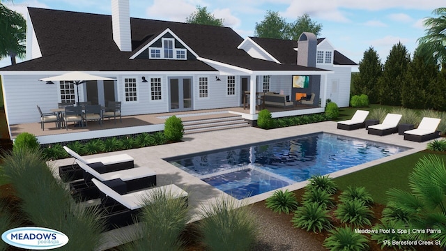 rear view of house with french doors, a chimney, a patio area, an outdoor pool, and an outdoor living space