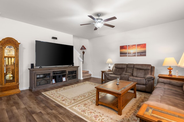 living room with ceiling fan and wood-type flooring