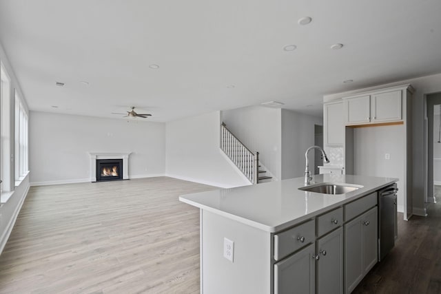 kitchen featuring light wood-type flooring, gray cabinetry, a sink, a warm lit fireplace, and dishwasher