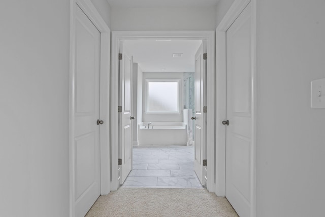 hall with light colored carpet and marble finish floor