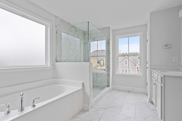 full bathroom with vanity, baseboards, a marble finish shower, a garden tub, and marble finish floor