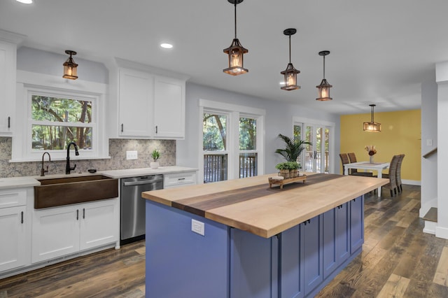 4429 Francis Younge Way, Hollywood, SC 29449 - kitchen with a sink, wood counters, blue cabinetry, decorative backsplash, and stainless steel dishwasher