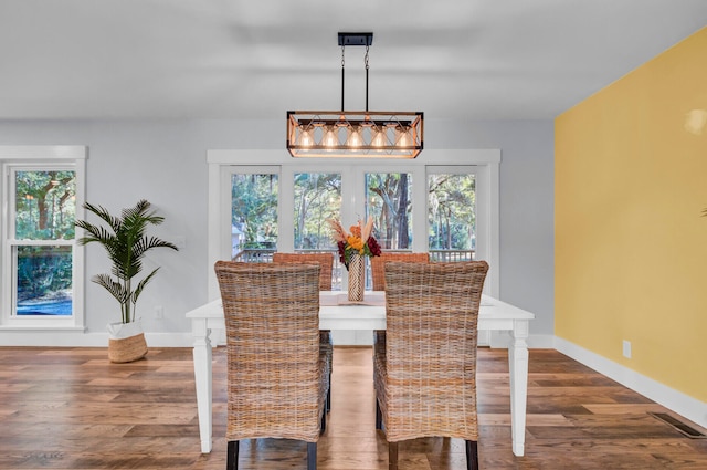 dining room featuring dark wood-type flooring and a healthy amount of sunlight