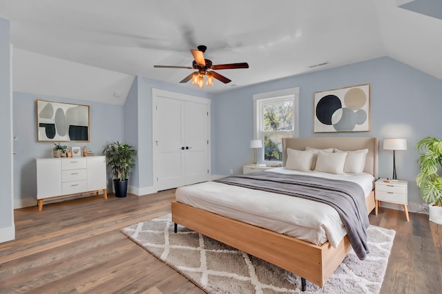 4429 Francis Younge Way, Hollywood, SC 29449 - bedroom featuring visible vents, ceiling fan, wood finished floors, and vaulted ceiling