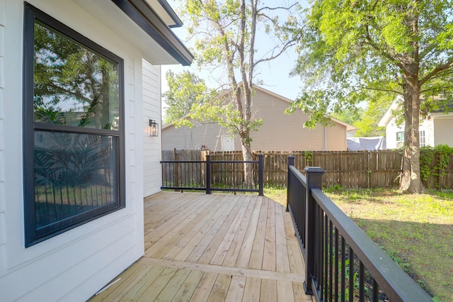 wooden terrace featuring a fenced backyard