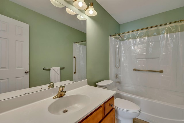 full bathroom with shower / bath combination with curtain, vanity, and toilet