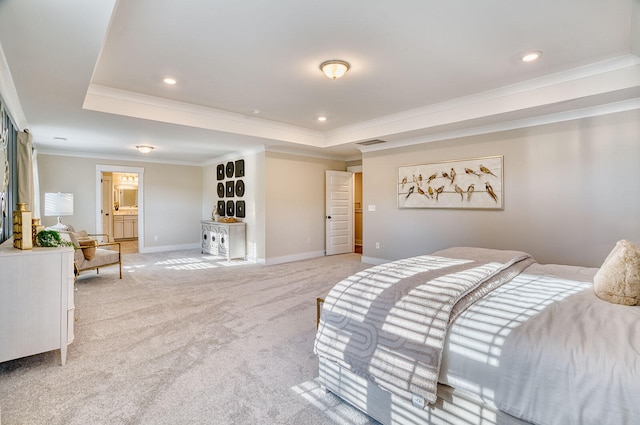 bedroom with recessed lighting, light colored carpet, baseboards, ornamental molding, and a raised ceiling