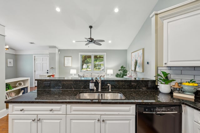 8 Tovey Rd, Charleston, SC 29407 - kitchen featuring black dishwasher, ceiling fan, white cabinets, dark stone counters, and recessed lighting