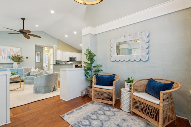 8 Tovey Rd, Charleston, SC 29407 - sitting room featuring a ceiling fan, wood finished floors, high vaulted ceiling, and recessed lighting
