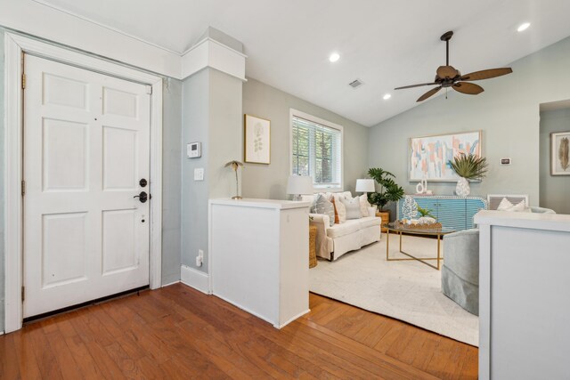 8 Tovey Rd, Charleston, SC 29407 - entrance foyer featuring a ceiling fan, hardwood / wood-style floors, lofted ceiling, and recessed lighting