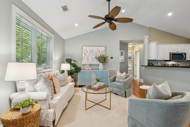 8 Tovey Rd, Charleston, SC 29407 - living room with lofted ceiling, a ceiling fan, recessed lighting, and light wood-style floors