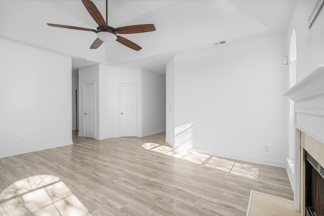 unfurnished living room with ceiling fan and light hardwood / wood-style floors