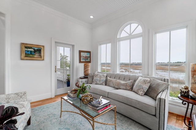 living room with light hardwood / wood-style flooring and crown molding