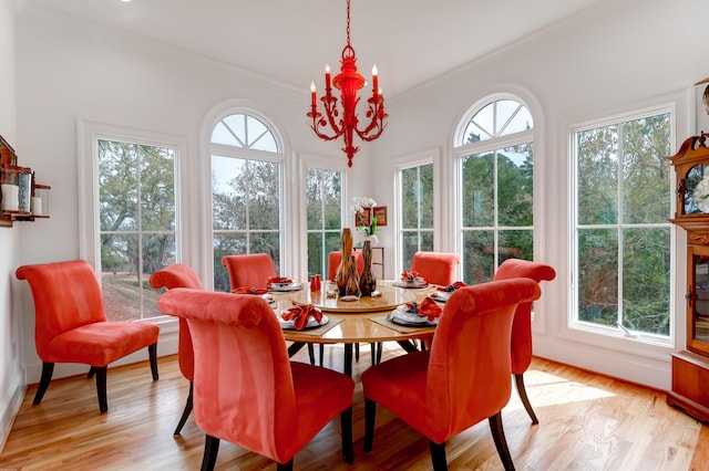 dining space featuring an inviting chandelier, crown molding, and light hardwood / wood-style flooring