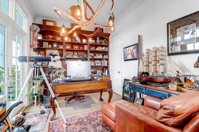 carpeted home office featuring a notable chandelier and crown molding