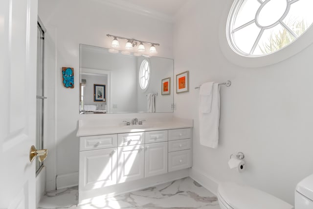 full bathroom with tile flooring, bath / shower combo with glass door, toilet, and vanity