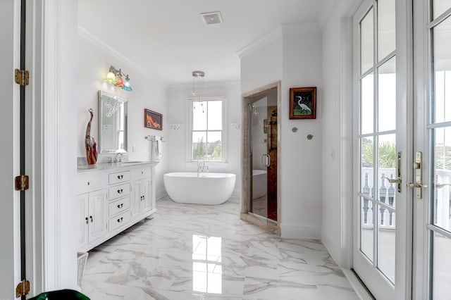 bathroom featuring tile flooring, vanity, plus walk in shower, ornamental molding, and french doors