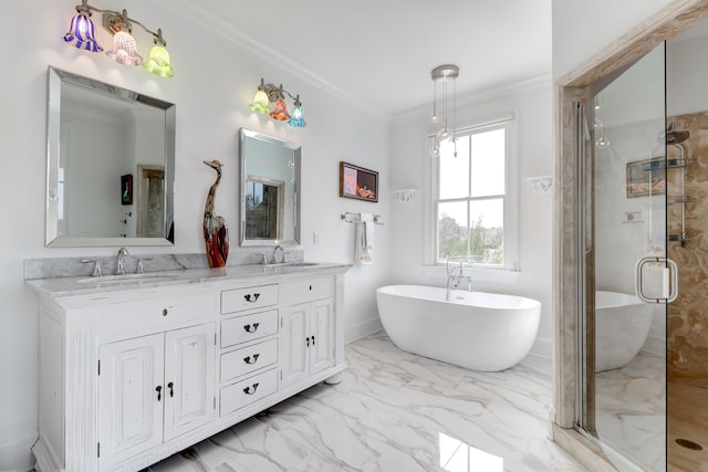 bathroom featuring tile floors, plus walk in shower, and dual vanity