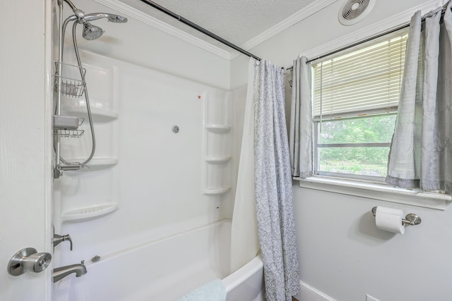 1314 Cooper Store Rd, Moncks Corner, SC 29461 - full bathroom featuring crown molding, shower / tub combo, a textured ceiling, and baseboards