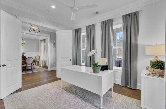 1098 Reserve Ln, Awendaw, SC 29429 - office area featuring dark wood finished floors, crown molding, a chandelier, ceiling fan, and recessed lighting